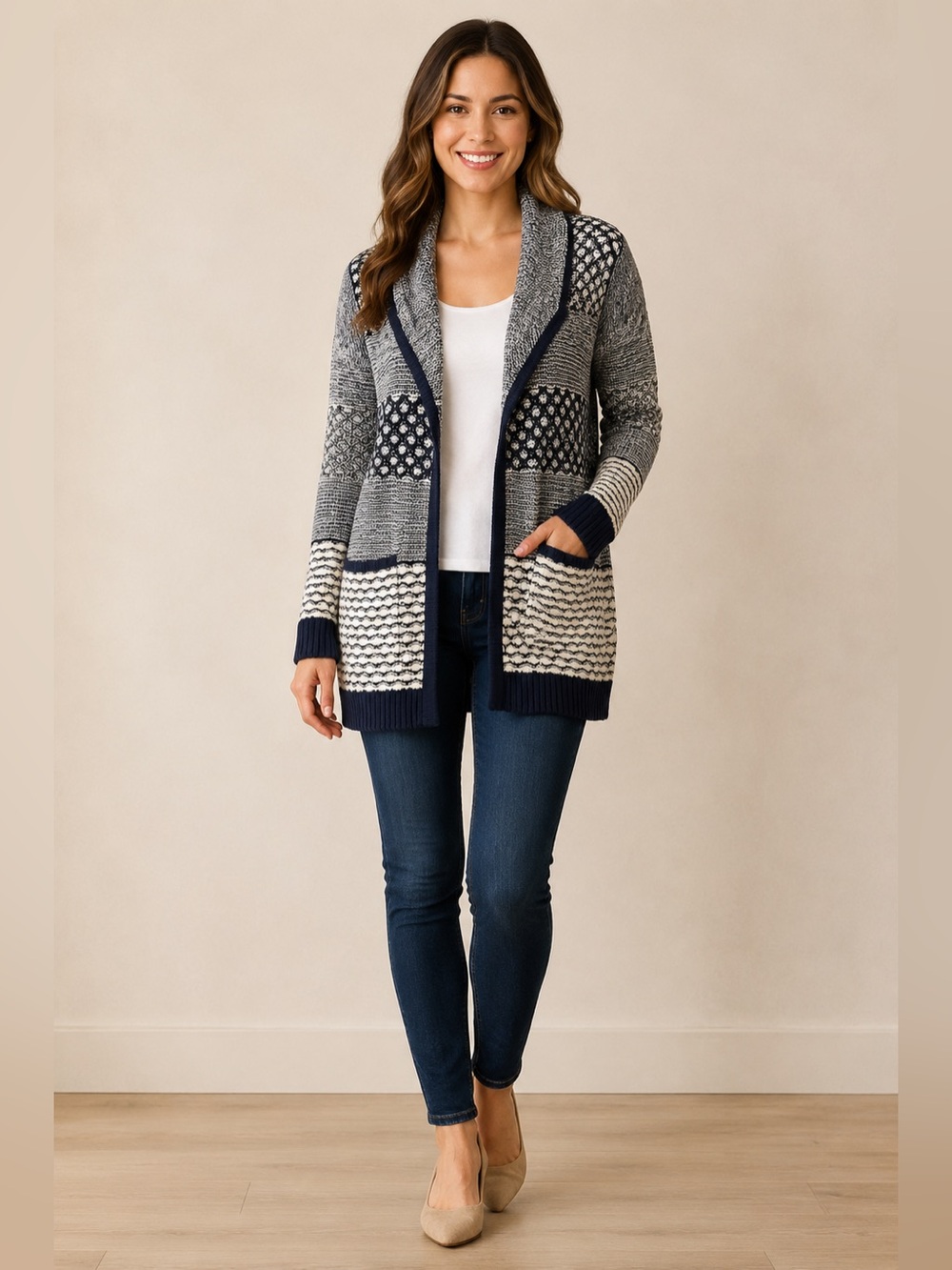 Gap Women’s Chunky Knit Open Front Cardigan Navy Cream Size M